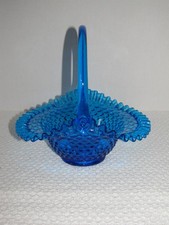 Fenton Art Glass Hobnail Colonial Blue Ruffled Rim Basket Smooth Handle 9 1/2
