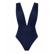 Cupshe Navy Blue Deep V-Neck Ruched One Piece Swimsuit Womens Size L NWT picture