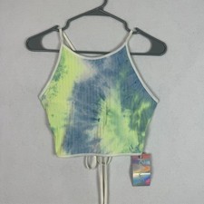 Romwe Crop Top Women Size S Lime Green Blue Tie Dye Ribbed Halter Cami NWT picture