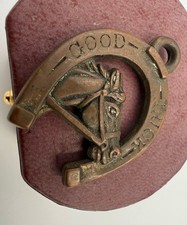 Vintage Bronze Good Luck Horseshoe Horse Head Key Fob Charm Medal Token 1.5” picture