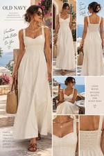 NWT Old Navy Linen Blend Cream Maxi Dress L Smocked Back Cottagecore Boho picture