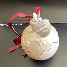 PANDORA 2018 White Round Christmas Snowflake Hanging Ornament w/ Ribbon picture