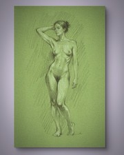 Original Mixed Media Female Portrait Figure Drawing Toned Paper  Size (5.5x8.5) picture