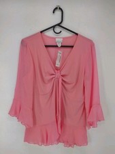 Vintage Fashion Bug Blouse XL Pink Flutter Sleeves Sheer V Neck Ruffles USA NEW picture