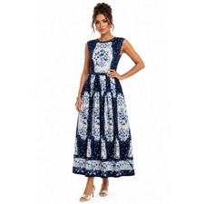 H&M Blue White Floral Toile Cotton Maxi Dress Open Back Tie Detail Size M NEW picture