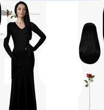 Womens Morticia Addams Costume Dress W/ Wig & Rose Medium picture