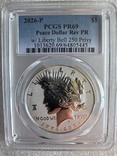 2026-P SemiQ Reverse Proof Peace Dollar w/ Liberty Bell 250 Privy PCGS PR69 picture