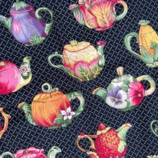 VTG Sharon Kessler Concord Fabric Afternoon Tea 2 Yds Fruit Teapot Novelty Navy picture