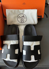 Hermès Men’s Black Leather Sandals Solid Logo Accents Straps picture