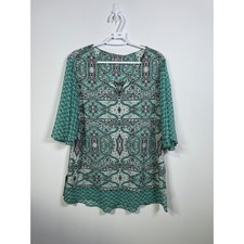 JM Collection Womens XL Teal Paisley Chain Neck 3/4 Bell Sleeve Blouse Top picture