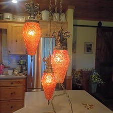 Vintage  SWAG 3 Tier PENDANT Pineapple Glass Lamp Light MCM *WORKS* picture