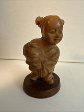 VINTAGE CHINESE SMALL CARVED WOOD STATUE OF A CHILD ON A WOOD BASE 8.5cm HIGH picture