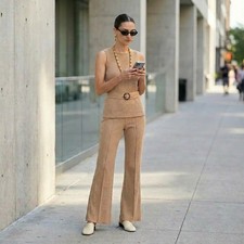 Vintage 70s Deadstock 3 Piece Camel Ribbed Knit Set, Flare Pants, Tank Top Belt picture
