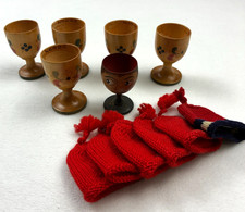 6 VTG Norwegian Wood Egg Cups Holders w/ Warming Covers Nordic Scandinavia MCM picture