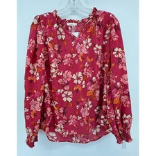 Les Amis Floral Ruffle Neck Blouse Berry Red Long Sleeve Smocked Cuff Top M NWT picture