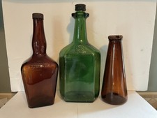 3 Old Vintage Glass Bottles with Caps & Lids~Emerald green & Amber Brown picture