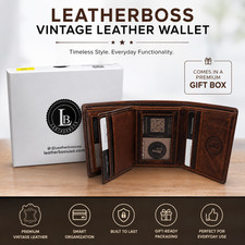 Leatherboss Mens RFID Blocking Hunter Leather Credit Card ID Trifold Wallet picture