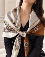 100% Mulberry Silk Scarf 41.3” Square Equestrian Print 14 Momme Hand-Rolled Hem picture