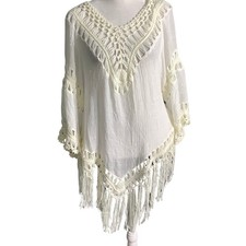 Time Line Ivory Crochet Boho Cover Up Tunic Women’s 1X — Fringe, Beach, Festival picture