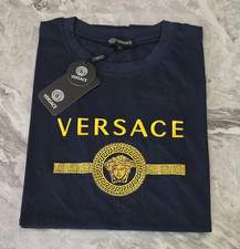 Versace Men's L Navy Knit Crew Neck Embroidered Logo Graphic Print T-Shirt picture