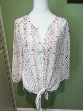 Maurices Women's White/Multicolor Geometric V-Neck 3/4 Sleeve Tie Blouse L picture