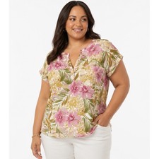 Jones New York JNY Floral Linen Blend Blouse Pink Green 1X NWT Split Neck Top picture