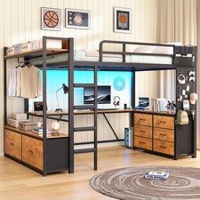 Twin Loft Bed with L-Shaped Desk &8 Drawers, Metal Kids Loft Bed with Led Lights picture