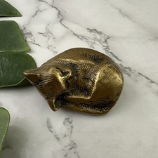 Vintage Brass Cat Figurine Paper Weight Sleeping Kitten Small Trinket Metal picture