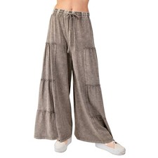 Easel Womens Mineral Washed Tiered Wide Leg Terry Knit Pants picture