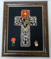 Framed Jewelry Art Cross OOAK Handmade Butterfly Bird Fish Rhinestones picture