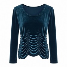 Vintage Womens S Teal Velvet Ruched Top Y2K Whimsigoth Long Sleeve USA picture