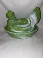 RARE Vintage Hen on Nest Westmoreland Glass Dish Green Slag Swirl HON picture