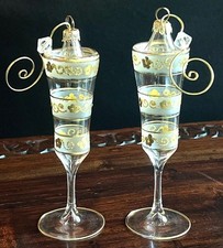 Vintage Italian Hand Blown Glass Gold Champagne Flute Christmas Ornaments x 2 picture