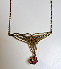 Antique FINE Edwardian Art Nouveau Pink Stone Filigree Lavalier Necklace c1910 picture