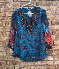 Soft Surroundings beaded floral Blue Floral Sheer Chiffon V Neck Tunic Blouse XS picture
