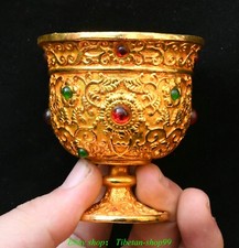2.5''Old Chinese Dynasty Bronze Gilt Inlay Gems Drinking Wine Glass Cup picture
