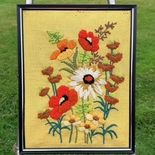 VTG Crewel Embroidery Floral Wall Art Framed Orange Teal Flowers Fiber Art 14” picture