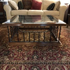 Antique Custom Thick Glass Wood Wrought Iron 42in Square Coffee Table   picture