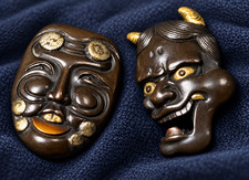 Antique Japanese Menuki Noh Oni Mask Pair Shakudo Gold Signed 光理 Mitsumasa picture