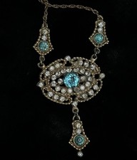 Vintage 1930s 1940s Art Deco Aqua Blue Rhinestone Filigree Festoon Necklace picture