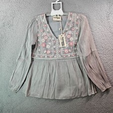 NEW Savanna Jane Top Blouse Women Small Floral Embroidered Long Sleeve Gray Pink picture