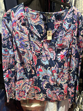 Talbots Womens S Navy Cotton Paisley V-Neck 1/4 Button Front Sleeve Blouse picture