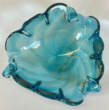 Vintage Murano Style Aqua Blue Gold Aventurine Ruffled Art Glass Bowl 6