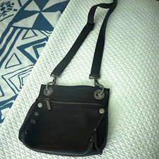 Hammitt Small Black Pebbled Leather Crossbody Bag Zip Silver Hardware Red Lining picture