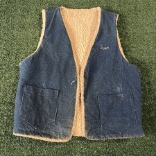 True Vintage 60s 70s Sherpa Fur Plaid Lined Denim Vest Medium Blue Western USA picture