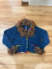 Vintage Amano Bolivia RAINBOW Fringe Blue Wool CARDIGAN SWEATER SMALL MEDIUM picture