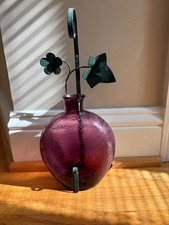 Vintage WROUGHT IRON Hanging Holder with Purple Vase  12.5” tall picture