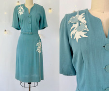 Vintage 1940s Teal Floral Day Dress & Belt 40s Rayon Shirtwaist Sheath- M picture
