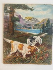 Antique Folk Art Painting of Two Spaniel Dogs  Primitive Landscape  c. 1930 picture