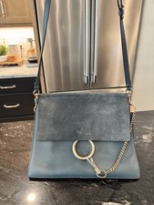Chloe Calfskin Suede Faye Medium Shoulder Bag Silver Blue 3S1231-H20 NWT picture